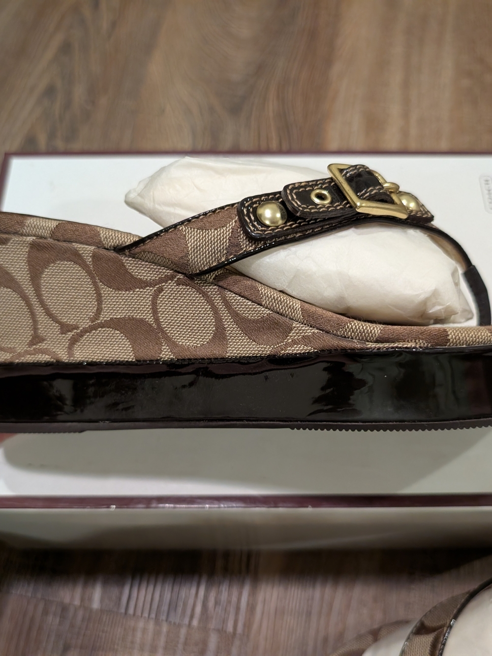 COACH Tan Signature Wedge Sandals with Gold Buckle 9.5 - Picture 4 of 5